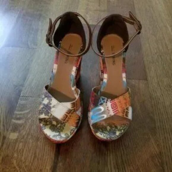 CALL IT SPRING brown orange blue Aztec print wedges with ankle strap - Picture 2 of 3